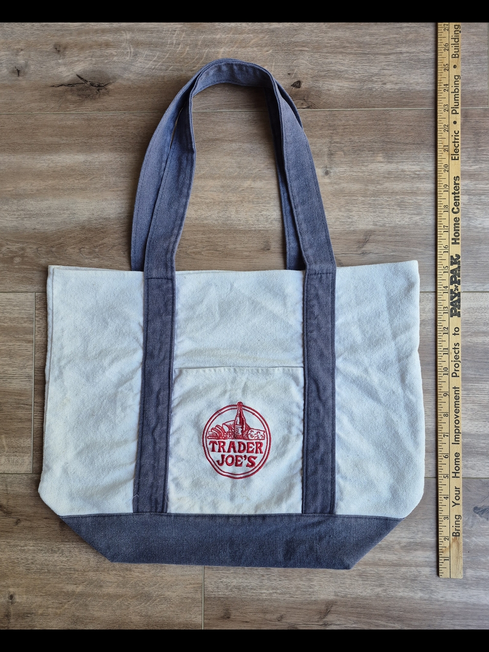 Vintage Trader Joe's Large Canvas Tote Bag Embroidered Front Pocket Denim - Picture 3 of 7